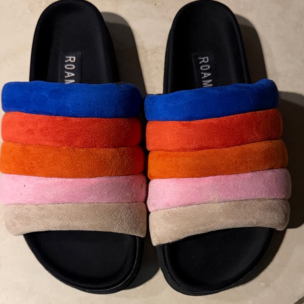 Roam  Suede Rainbow Slide Sandals - Blue/Orange/Pink/Tan